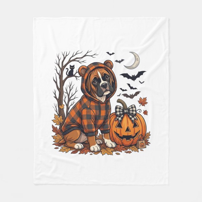 Boxer Hund Plaid Tröja Halloween Pumpa Fladdermöss Fleecefilt (Framsidan)