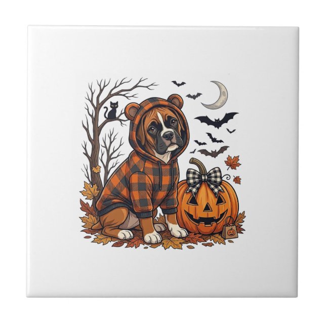 Boxer Hund Plaid Tröja Halloween Pumpa Fladdermöss Kakelplatta (Framsidan)