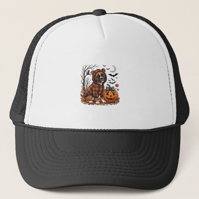 Boxer Hund Plaid Tröja Halloween Pumpa Fladdermöss Keps (Framsida)