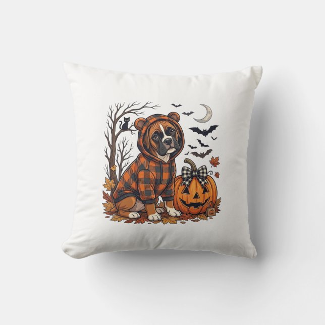 Boxer Hund Plaid Tröja Halloween Pumpa Fladdermöss Kudde (Framsida)