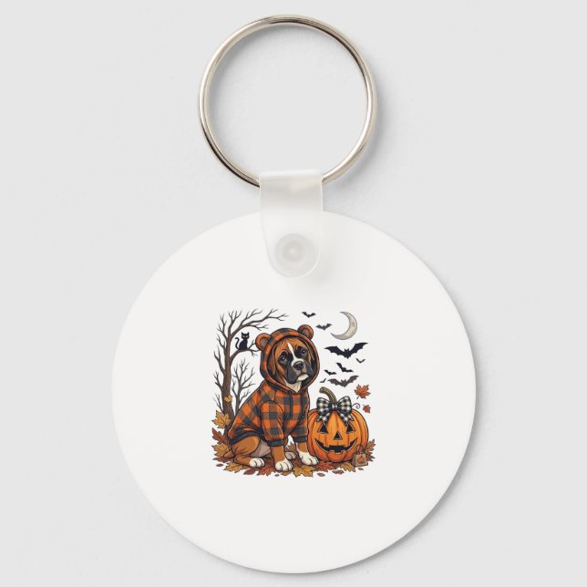 Boxer Hund Plaid Tröja Halloween Pumpa Fladdermöss Nyckelring (Framsida)