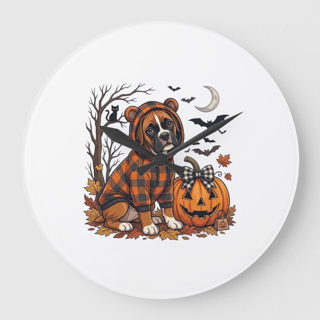 Boxer Hund Plaid Tröja Halloween Pumpa Fladdermöss Stor Klocka (Framsida)