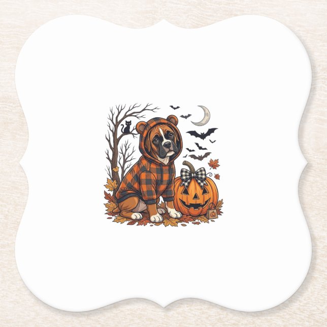 Boxer Hund Plaid Tröja Halloween Pumpa Fladdermöss Underlägg Papper (Framsida)