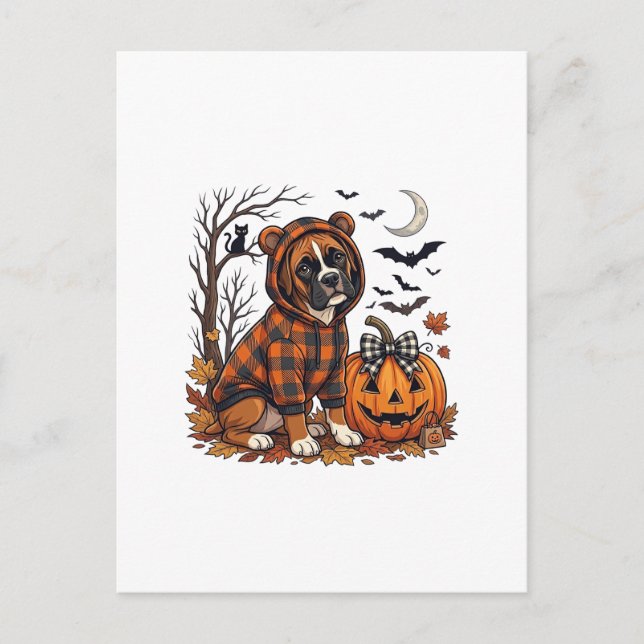 Boxer Hund Plaid Tröja Halloween Pumpa Fladdermöss Vykort (Framsida)