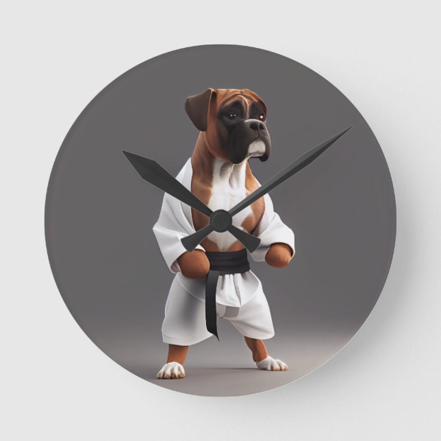 Boxer Hund Play Karate, Boxer Hund Karate Player Rund Klocka (Framsida)