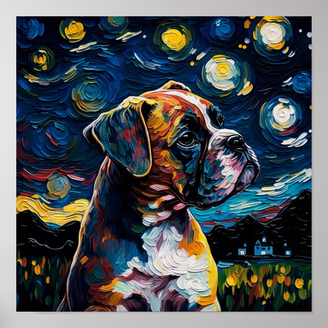 Boxer Hund Puppy Starry Night Van Gogh Stil Poster (Framsidan)