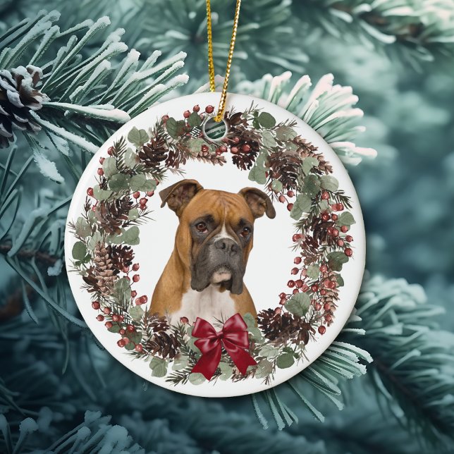Boxer Hund Red Bow Pinecone Personlig för andning Julgransprydnad Keramik (Skapare uppladdad)