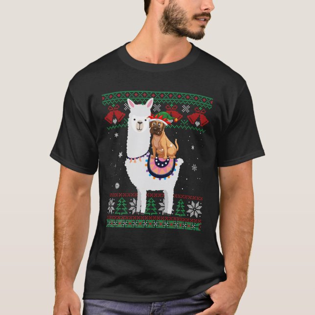 Boxer Hund Riding Llama Funny God jul T Shirt (Framsida)