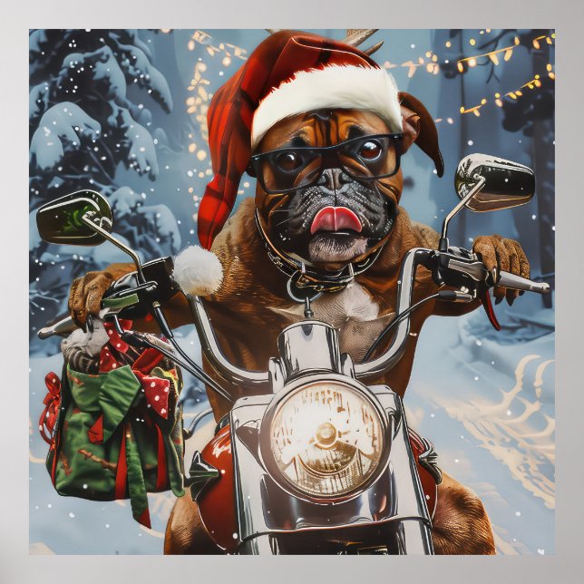 Boxer Hund Riding Motorcykel jul Poster (Framsidan)