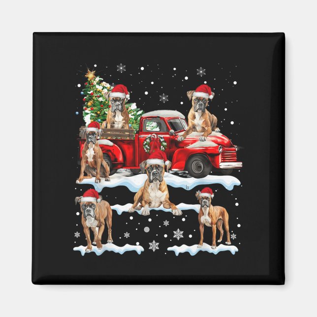 Boxer Hund Riding Red Lastbil Ugly Sweater Merry C Magnet (Framsidan)