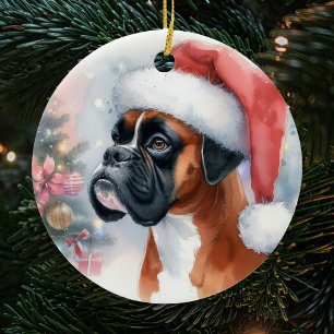 Boxer Hund Santa Hat jul Julgransprydnad Keramik