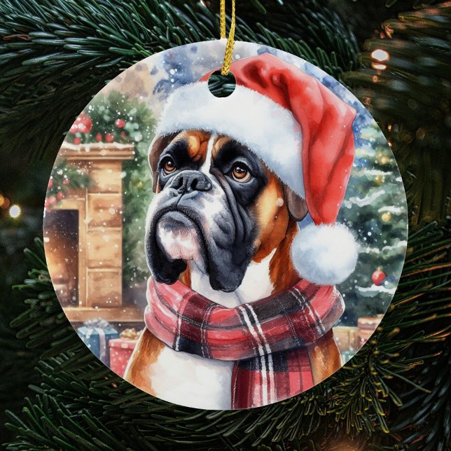 Boxer Hund Scarf och Santa Hat-julen Julgransprydnad Keramik (Skapare uppladdad)