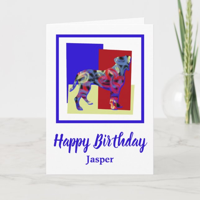 Boxer Hund Silhouette Red Blue Gult Birday Card Kort (Framsida)