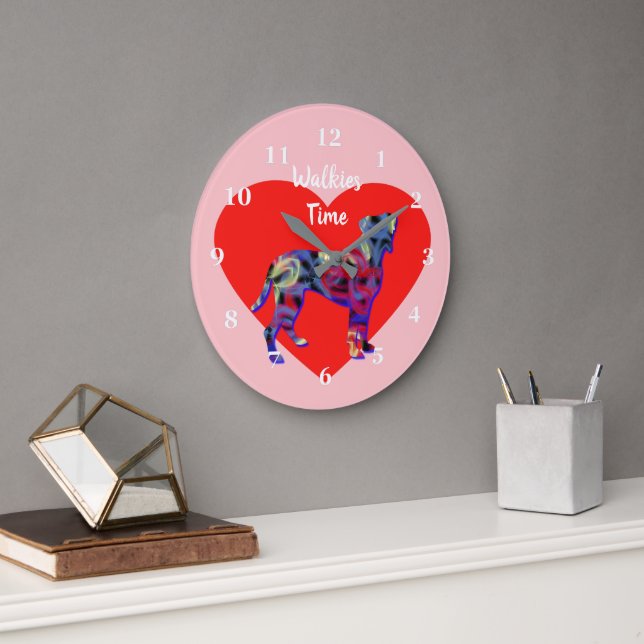 Boxer Hund Silhouette Valentindagen Rosa Stor Klocka (Kontor)