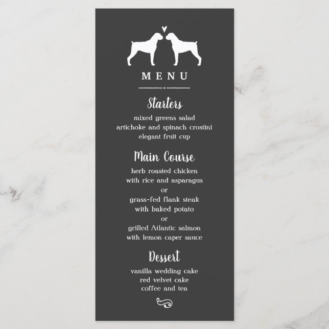 Boxer Hund Silhouettes Bröllop Dinner Menu Meny (Framsida)