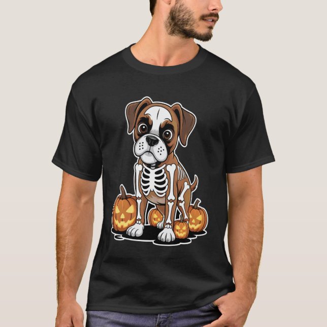 Boxer Hund Skelett Halloween T Shirt (Framsida)