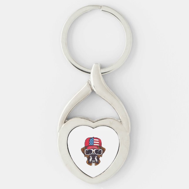 Boxer Hund USA Twisted Heart Silverfärgad Nyckelring (Framsidan)