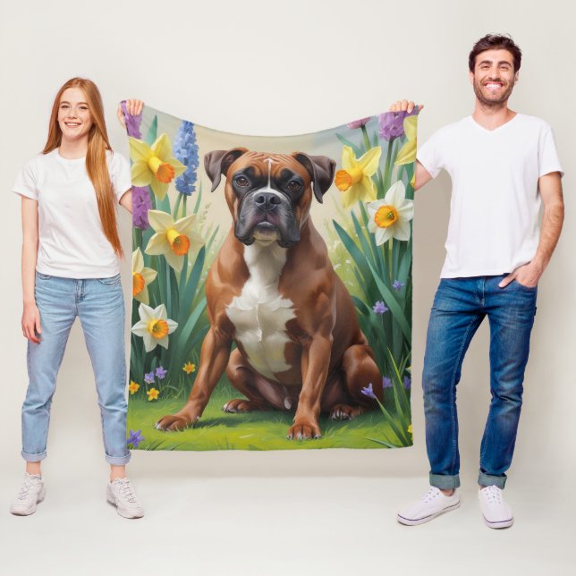 Boxer Hund Vårblommor Målning Fleecefilt (På plats)