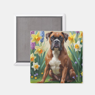 Boxer Hund Vårblommor Målning Magnet