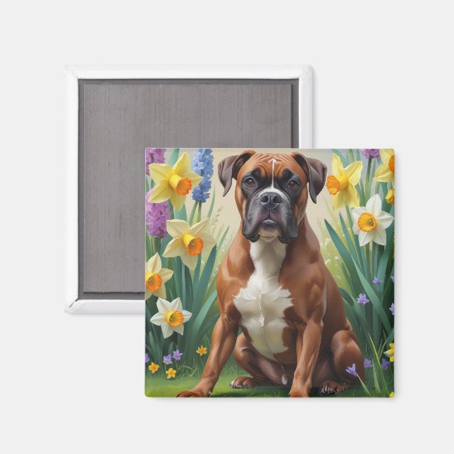 Boxer Hund Vårblommor Målning Magnet (Front/Back)