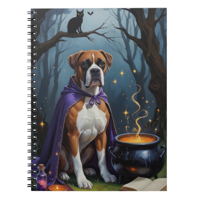 Boxer Hund Whimsical Halloween-målning Anteckningsbok (Framsidan)