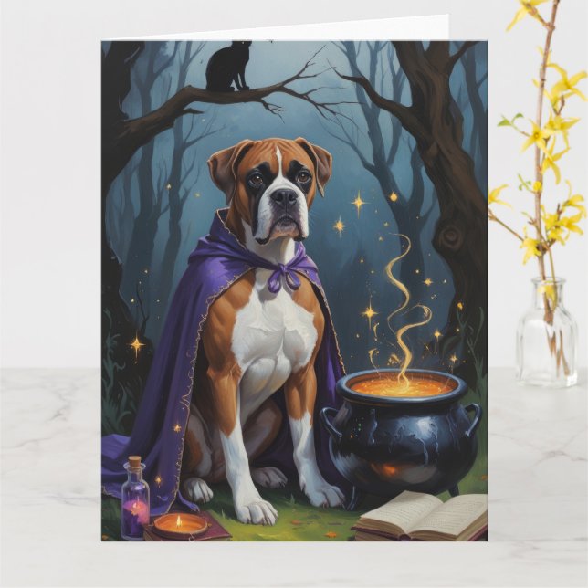 Boxer Hund Whimsical Halloween-målning Kort (Gul blomma)