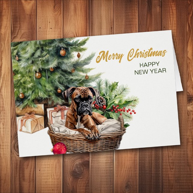 Boxer Hund Wicker Basket Julgran Hälsningskort (Skapare uppladdad)