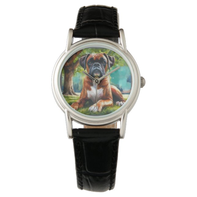 Boxer Hund 🐾 Wiggle Butts & Svan Wags Armbandsur (Framsida)