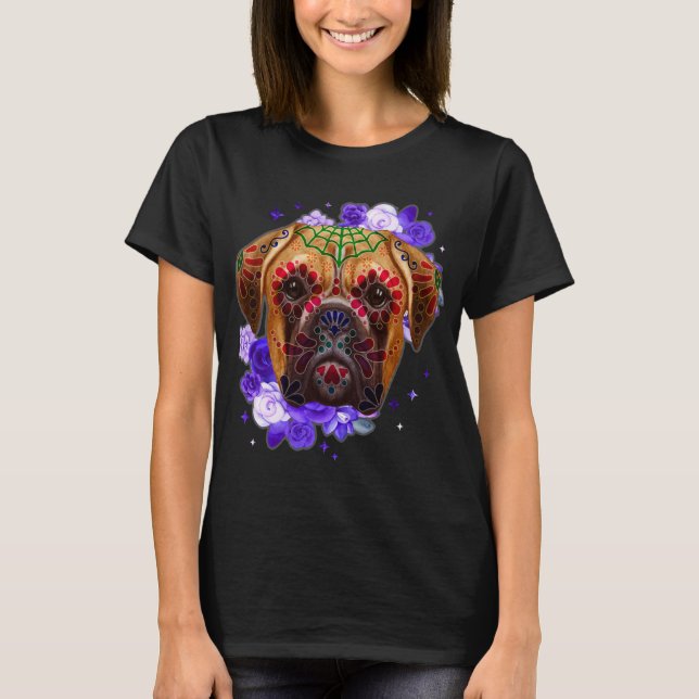 Boxer Hundar Day of the dead Sugar Skull Hund älsk T Shirt (Framsida)