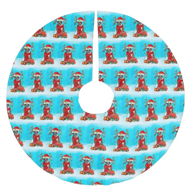 Boxer i snö med julklappar julgransmatta borstad polyester (Framsidan)