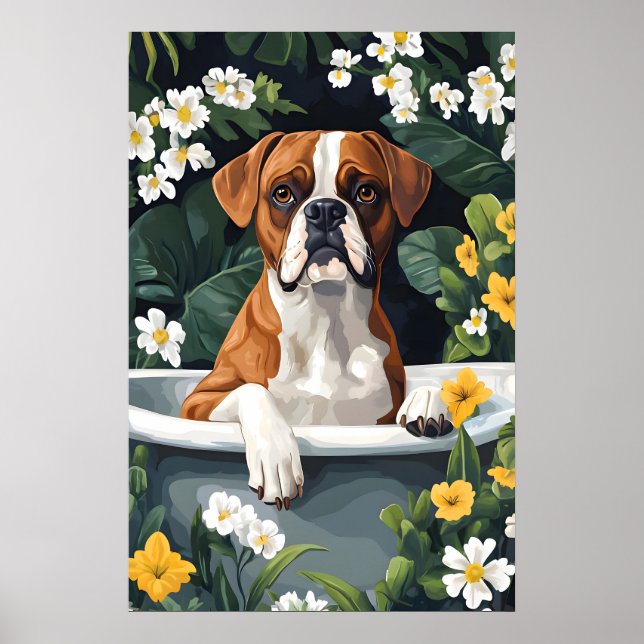Boxer In Bathtub Poster, Funny Dog Poster, Boxer Poster (Framsidan)