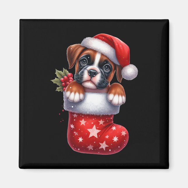 Boxer in Sock jul Santa Hat Julafton Hund älskare  Magnet (Framsidan)