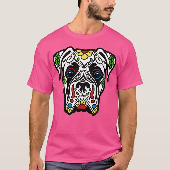 Boxer in White - Dead Sugar Skull Hund Gift T Shirt (Framsida)