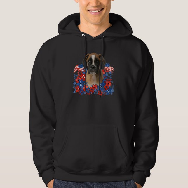 Boxer Independent Flowers Dog American Flag Hoodie (Framsida)