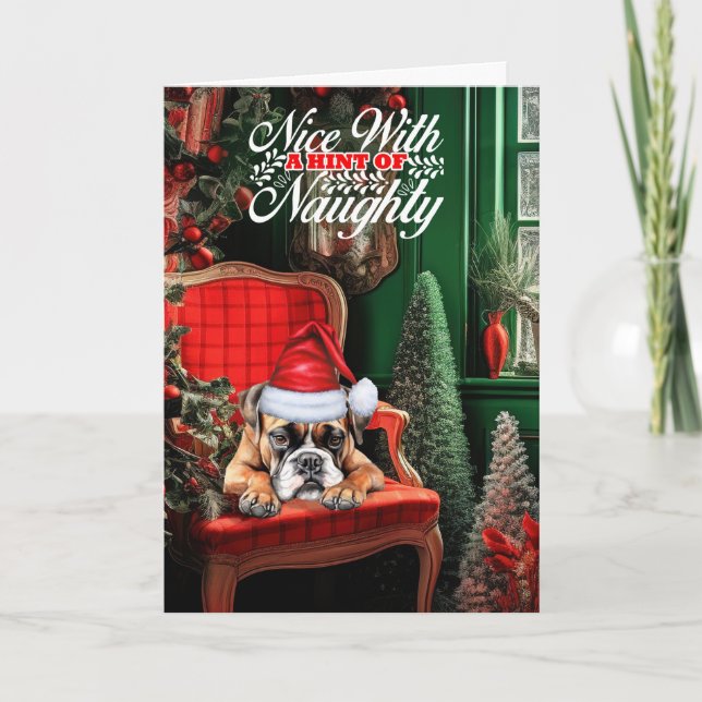 Boxer Jul Hund Naughty eller Nice Helgkort (Framsida)