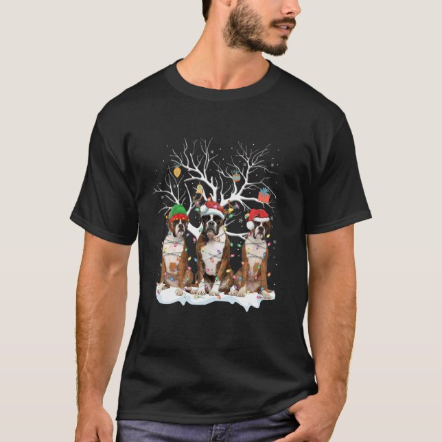 Boxer jul Ljus Santa Elf Reindeer Hund Kärlek T Shirt (Framsida)