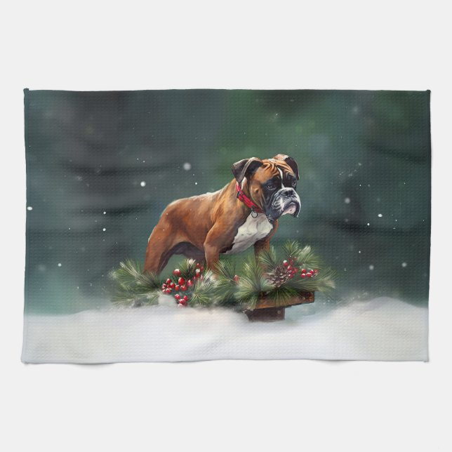 Boxer jul snö vinter kökshandduk (Horisontell)