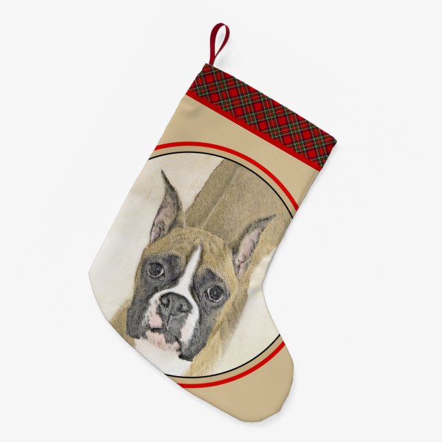Boxer-målning - Söt Original Hundkonst Liten Julstrumpa (Framsidan (Hängande))