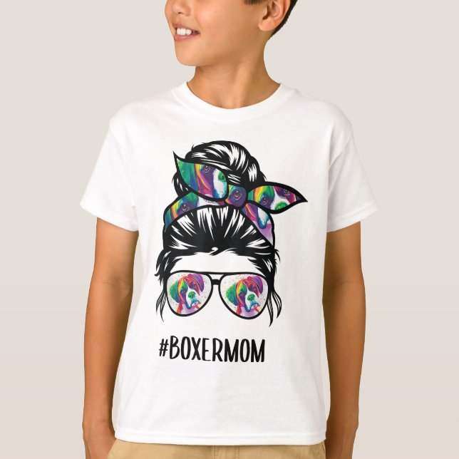 Boxer Mamma Messy Bun Hair Hund älskare T Shirt (Framsida)
