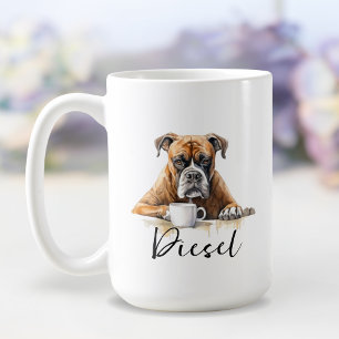 Boxer med kaffe mugg hund med attitydvattenfärg