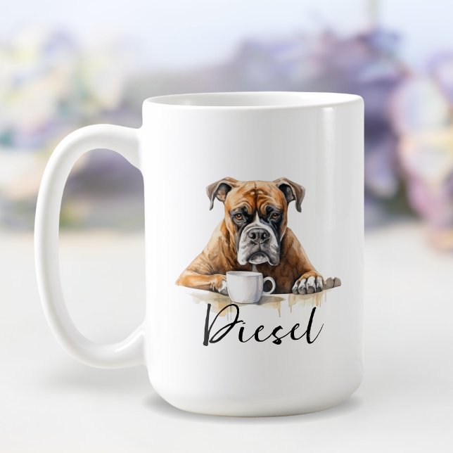 Boxer med kaffe mugg hund med attitydvattenfärg (Skapare uppladdad)
