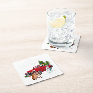 Boxer Red Lastbil God jul Snögubbe Hund älskare Underlägg Papper Kvadrat