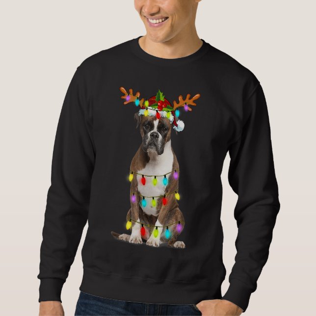 Boxer Reindeer jul Ljus Rolig hund Julafton Gif Lång Ärmad Tröja (Framsida)
