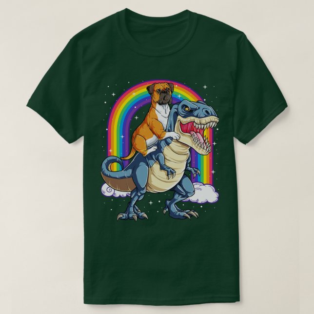 Boxer Riding Dinosaur Rainbow för manar Women Boys T Shirt (Design framsida)