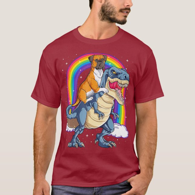 Boxer Riding Dinosaur T rex Gift Hund älskare Boys Shirt (Framsida)