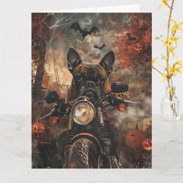 Boxer Riding Motorcycle Halloween Scary Kort (Gul blomma)