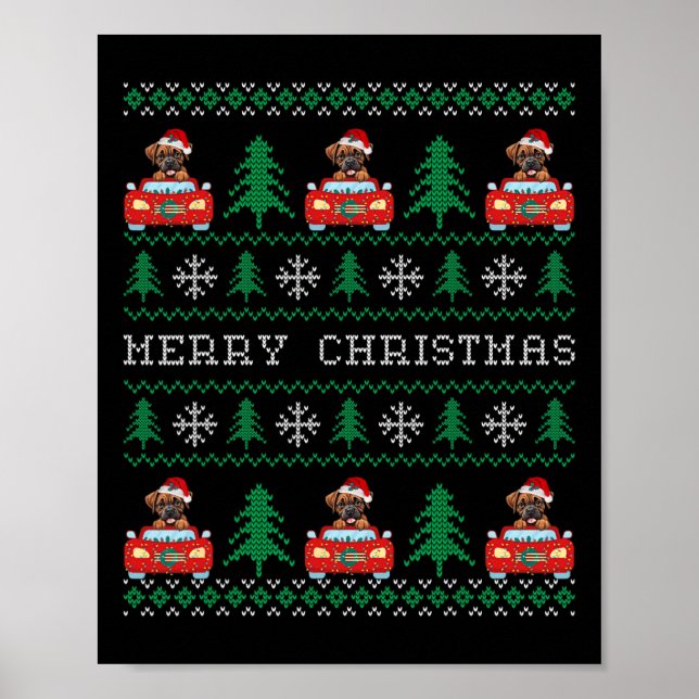 Boxer Riding Red Car Ugly jul Sweater Hund Poster (Framsidan)
