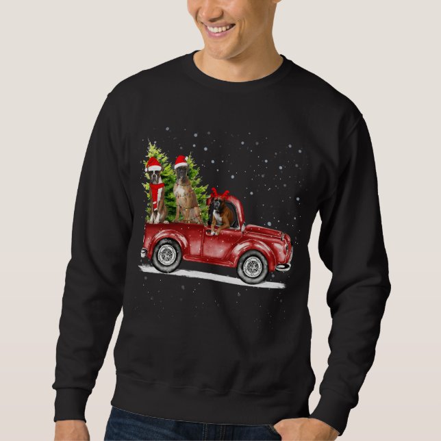 Boxer Santa Reindeer Red Lastbil Snö Julgran Lång Ärmad Tröja (Framsida)