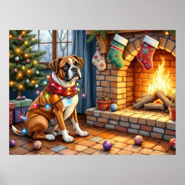 Boxer sittande vid öppen spis med julbelysning poster (Framsidan)