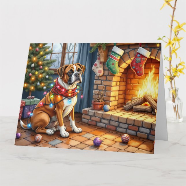 Boxer Sitting by Fireplace with Christmas Lights Kort (Gul blomma)